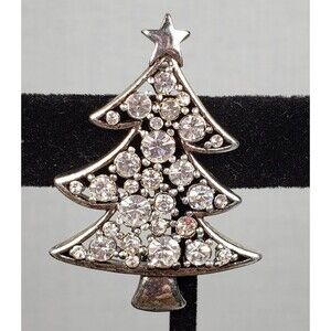 Vintage Liz Claiborne Clear Crystal Rhinestone Christmas Tree Silver Tone Brooch